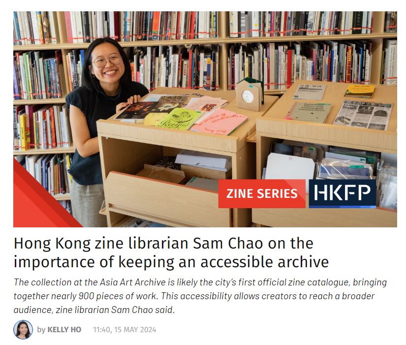 screenshot of the article "Hong Kong zine librarian Sam Chao on the importance of keeping an accessible archive" featuring a photo of Chao showing off wooden cabinets containing the zine collection.