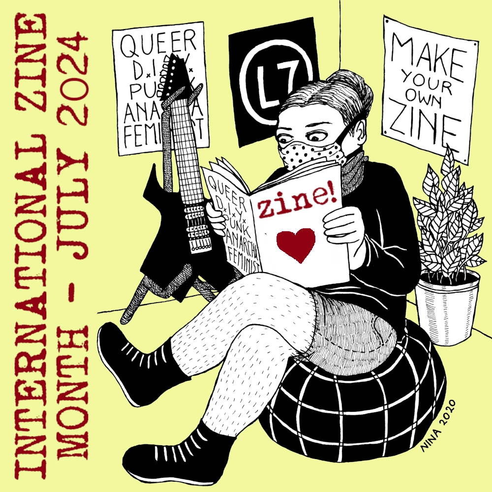 drawing of a person sitting in a living room while wearing a face mask and reading a zine. Text reads "International Zine Month July 2024"