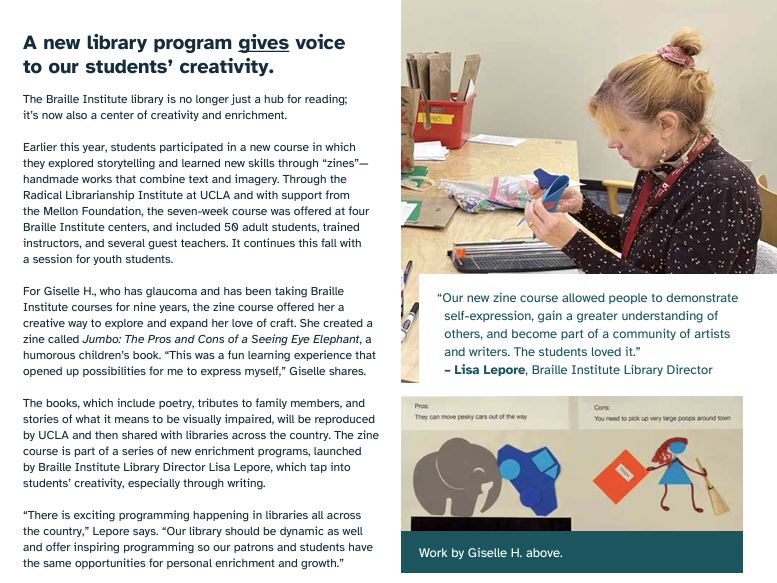 screenshot of the Braille Institute article titled "A new library program gives voices to our students' creativity"