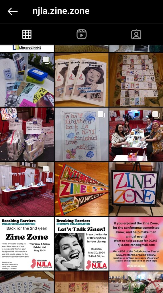 screenshot of the Instagram account of the Zine Zone of the New Jersey Library Association