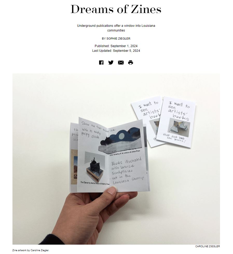 screenshot of the article "Dreams of Zines" featuring a photo of a hand holding a black and white minizine