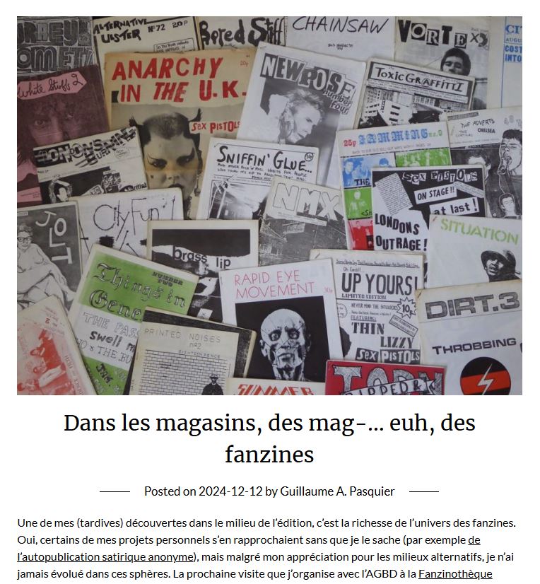 screenshot of the linked blog post, with the French title "Dans les magasins, des mag-… euh, des fanzines"