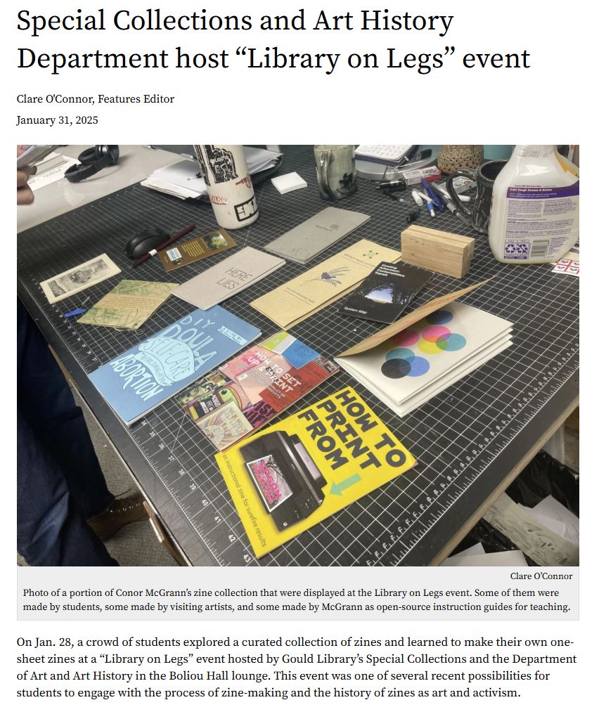 screenshot of the title of the article "Special Collections and Art History Department host “Library on Legs” event" featuring an image of multiple zines on display.