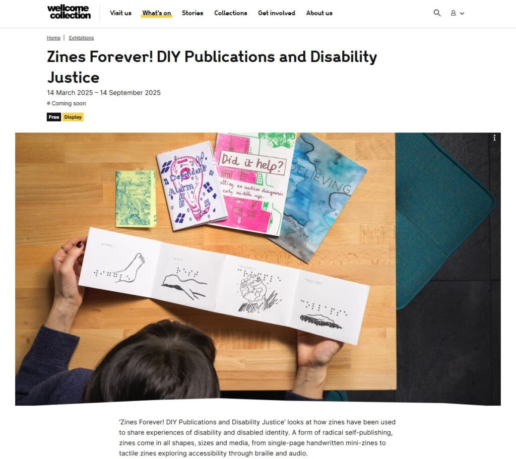 screenshot of the linked article "Zines Forever! DIY Publications and Disability Justice" showing a person sitting at a table reviewing five disability-related zines.